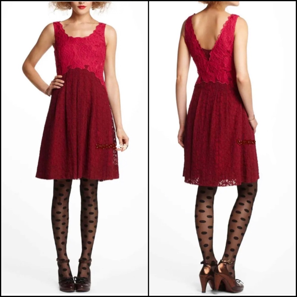 Anthro Moulinette Soeurs Two Toned Red & Hot Pink Lace Slip Dress